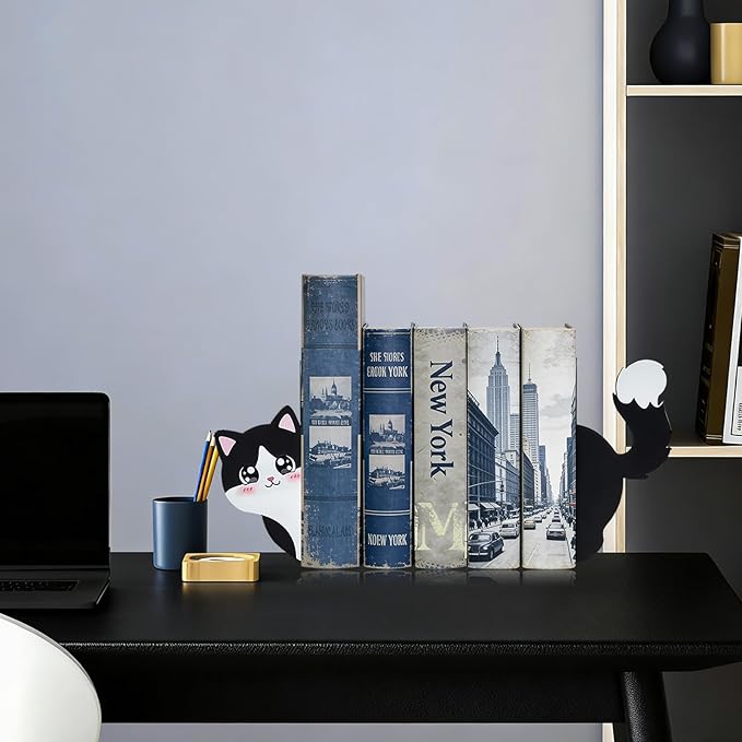 Cats Metal Bookends, Cute Book Ends, Antiskid Decorative Bookends for Shelves, Office, School, Library, Bedroom(Black and White)