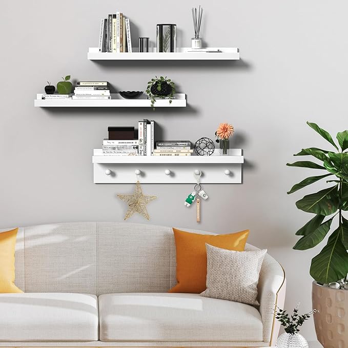 MBYD Picture Shelf Ledge, 24 Inch Floating Shelves for Wall, Nursery Book Shelves with Hooks Set of 3, Floating Shelf Wall Mounted for Bathroom, Kids Room, Living Room, Kitchen Bedroom White