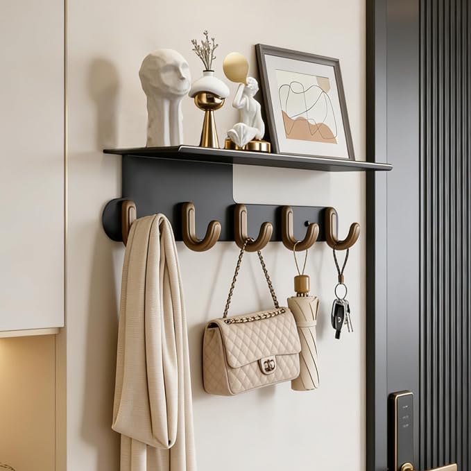 Coat Rack Wall Mount with Shelf for Entryway, Wall Hooks with 5 Hooks Entryway Hanging Shelf with Storage for Entryway, Bathroom, Bedroom, Mudroom, Modern Floating Wall Shelves with Hooks (Black)