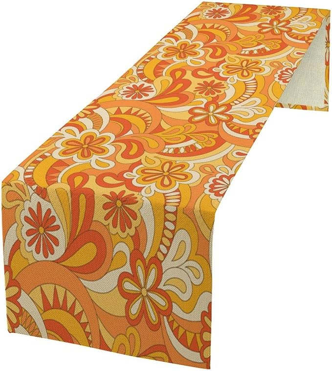 Vintage Groovy Florals Table Runner Nostalgic Retro Hippie 70s Wavy Abstract Flowers Dinner Runner for Home Kitchen Dining Table Holiday Party Decor 13"x108"
