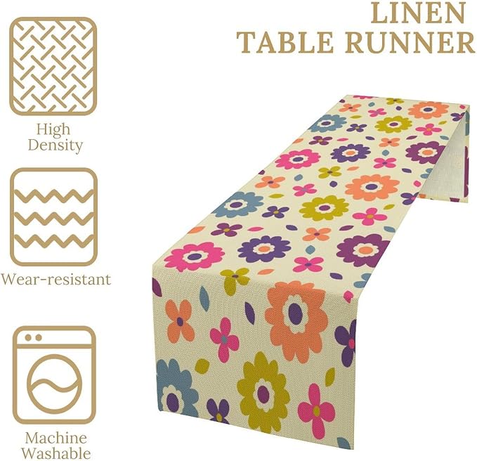 Retro Florals Table Runner Vintage Gardern Flowers Hippie Groovy Seasonal Spring Farmhouse Country Dinner Runner for Home Kitchen Dining Table Party Holiday Decor 13"x108"