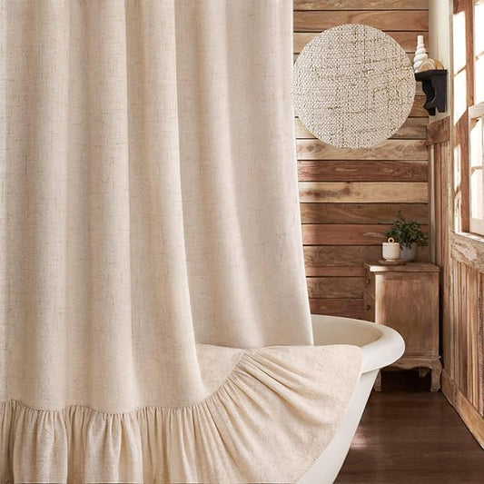 Farmhouse Shower Curtain with Ruffle Hem Linen Beige Shower Curtains for Bathroom Country Vintage Rustic Natural Fabric, 72" W x 75" L