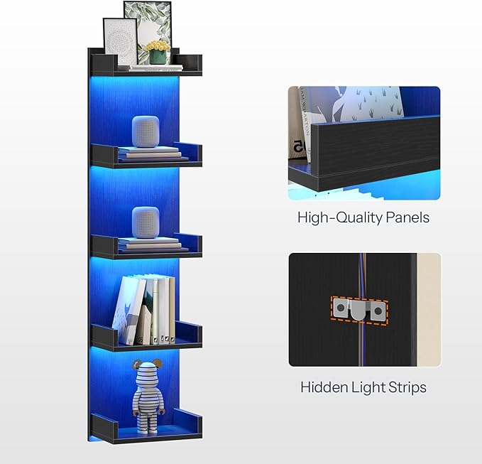 HOOBRO Floating Wall Shelf with LED Lights, Floating Shelf Wall Mounted for Storage, Vertical Display Stand, Modern Column Rack, for Bedroom, Livingroom, 5-Tier, 45.7 Inches, Black, BK51DBJ01N1