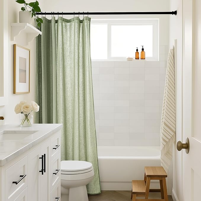 MIULEE Extra Long Linen Shower Curtain 96 Inches with 12 Metal Hooks Boho Farmhouse Heavy Buttonhole Fabric Shower Curtain Set Waterproof Thick Cloth Neutral Curtains for Bathroom W72*L96, Sage Green