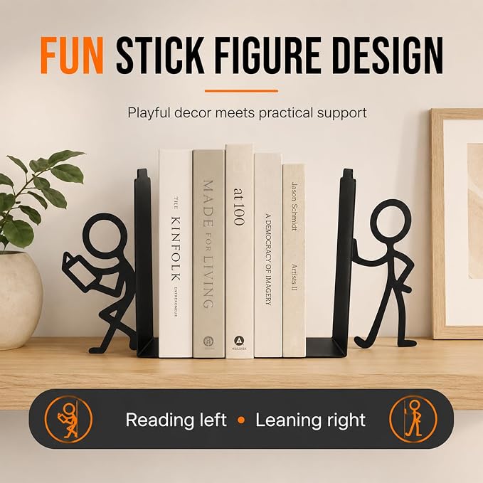 Metal Bookends for Bookshelf, Desk, Home & Office, Decorative Stick Figure Book Holder, Space-Saving, Sturdy, Non-Slip Pads, Supports More Books, Lightweight 6.7"x5.9"x1.4"