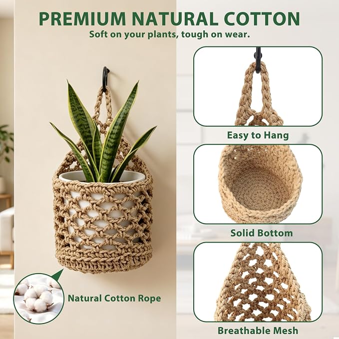 4 PCS 5-Inch Macrame Wall Plant Hangers, Small Wall Hanging Plant Holder with Hooks, Natural Cotton Rope Hanger for Indoor Plants & Daily Storage, Boho Home Decor