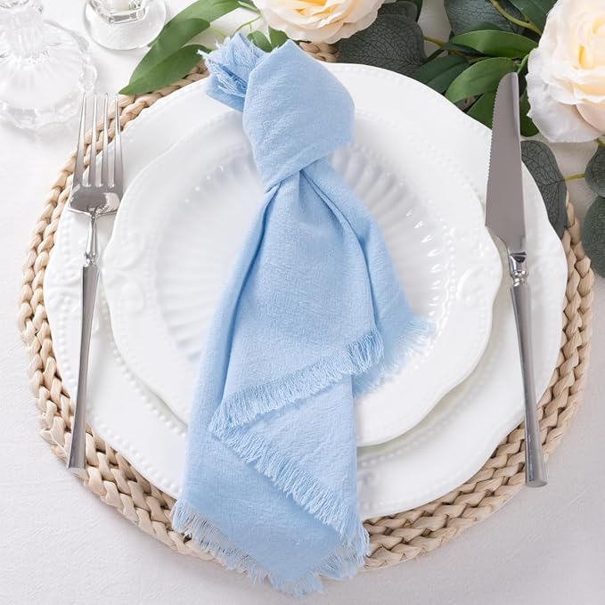 DeZerlor 6 Pack Baby Blue Cotton Linen Napkins with Fringe Summer Cloth Napkins Set of 6 Boho Handmade Dinner Napkins Bulk for Wedding Bridal Baby Shower Parties, 17 x 17 Inches