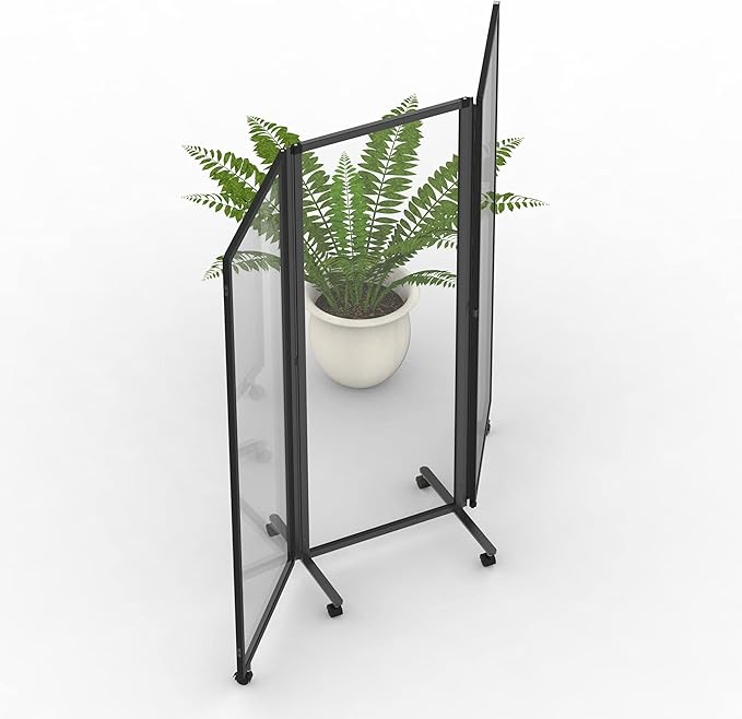 Stand Up Desk Store ReFocus Three-Panel Trifold Acrylic Room Divider Partition Privacy Screen (Clear Acrylic, 71" x 65")