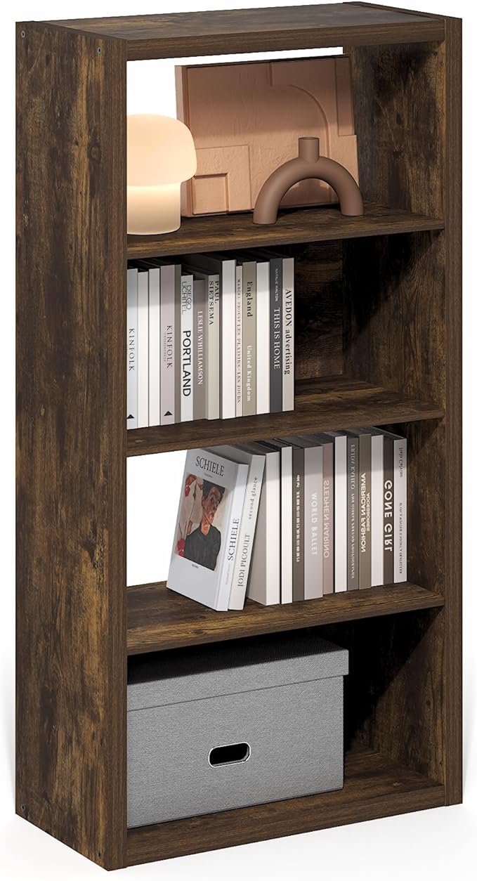 Furinno Viola Book Shelf, 4-Tier Bookshelf, Extra Thick Frame Bookcase with Open Shelf, Open Back Design, 11.3" x 23.2" x 45.4", for Living Room, Bedroom, Home Office, Amber Pine