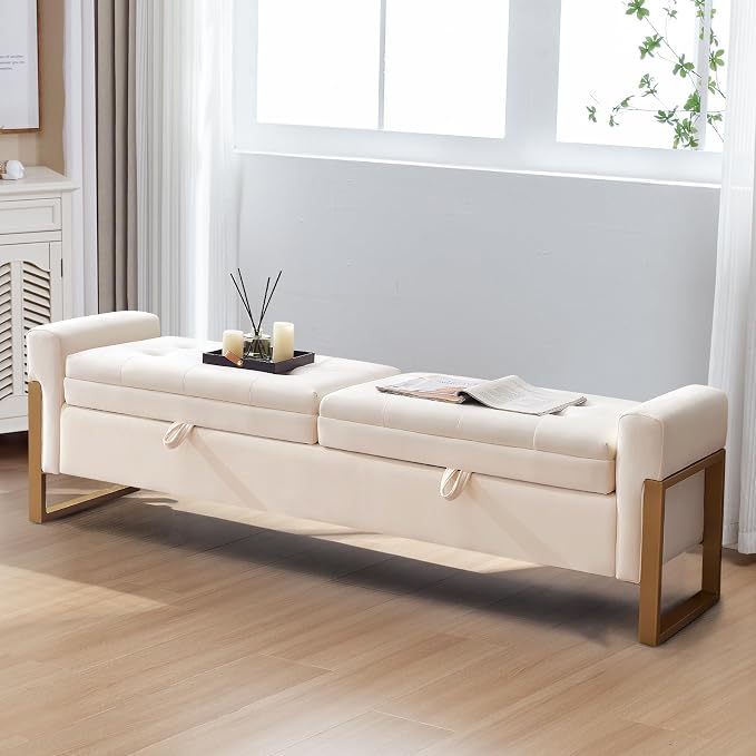 67" End of Bed Bench King Size, Velvet Storage Bench for Bedroom Foot of Bed, Double Lids Storage Bench with Golden Legs, Upholstered Ottoman Bench for Living Room Window Entryway, Cream