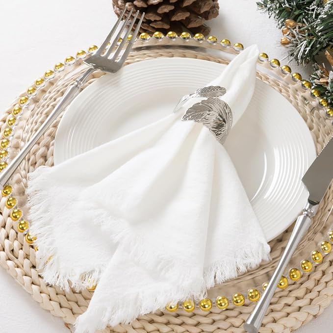 DeZerlor 12 Pack Ivory White Cotton Linen Napkins with Fringe Summer Cloth Napkins Set of 12 Boho Handmade Dinner Napkins Bulk for Wedding Bridal Baby Shower Parties, 17 x 17 Inches