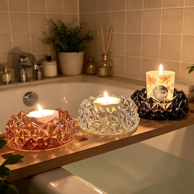 Diamond Glass Candle Holder, Clear Glass Candle Dish for Home Decor, Decorative Modern Candle Tray for Small Candles & Diffusers (Amber)