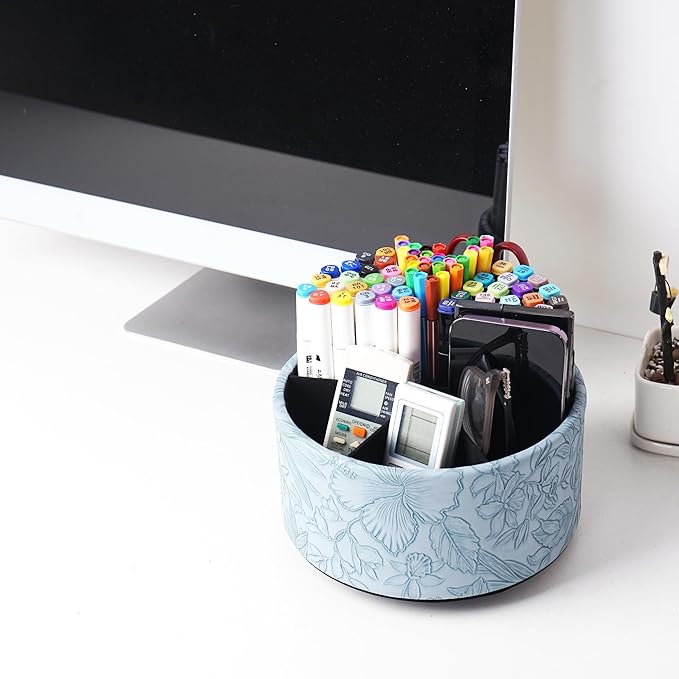 Remote Control Holder, 360°Spinning PU Leather Desk TV Remote Caddy,Desk Storage Box Room Accessories for Controller, Media,Mail,Calculator, Mobile Phone,Pencil(1-Carved Blue)