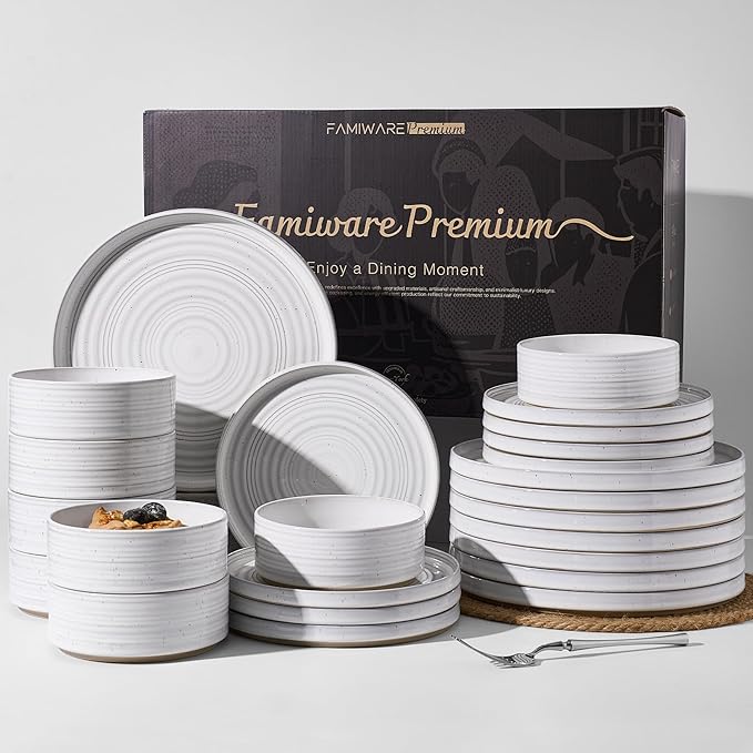 24-Piece Stoneware Dinnerware Set – High Edge Plates & Bowls with Reactive Glaze, Speckles & Spirals, Scratch Resistant Dish, Microwave Dishwasher Safe, Service for 8, Gift Box, White