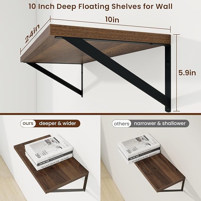 Axeman Deep Floating Shelves | 24 Inch Walnut Wall Shelves Set of 2 | 10 Inch Deep Wood Floating Shelves for Wall | 24" W x 10" D Walnut Shelves for Living Room Bathroom Kitchen