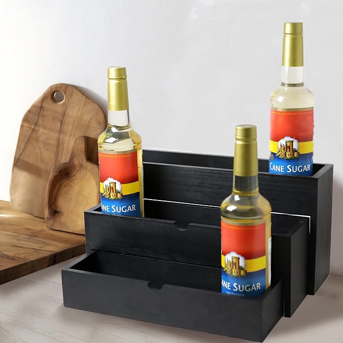 Black Wood Coffee Syrup Rack Organizer, 3-Tier Separated Bottle Holder for Coffee Bar, 12 Bottle(750ml) Storage Stand for Syrup, Wine, Dressing