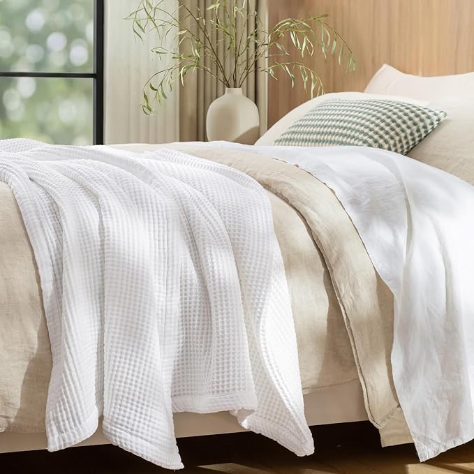 PHF 100% Cotton Waffle & Muslin Throw Blanket Large, Soft Breathable Luxury 400GSM Versatile Reversible Bedding for Couch, Great for Layering in Cold Weather, Home Decor Gift, 50" x 70", White