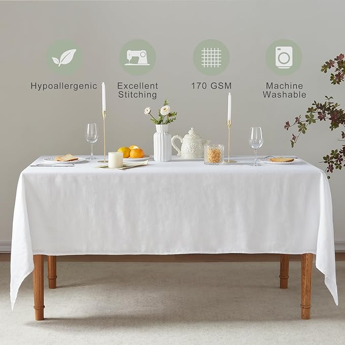 TOSMO 100% French Linen Tablecloth, Washable Farmhouse Rectangle Table Cloth for Kitchen, Dining, Party, Cocktail, Indoor and Outdoor Daily Use(52''x70'',White)