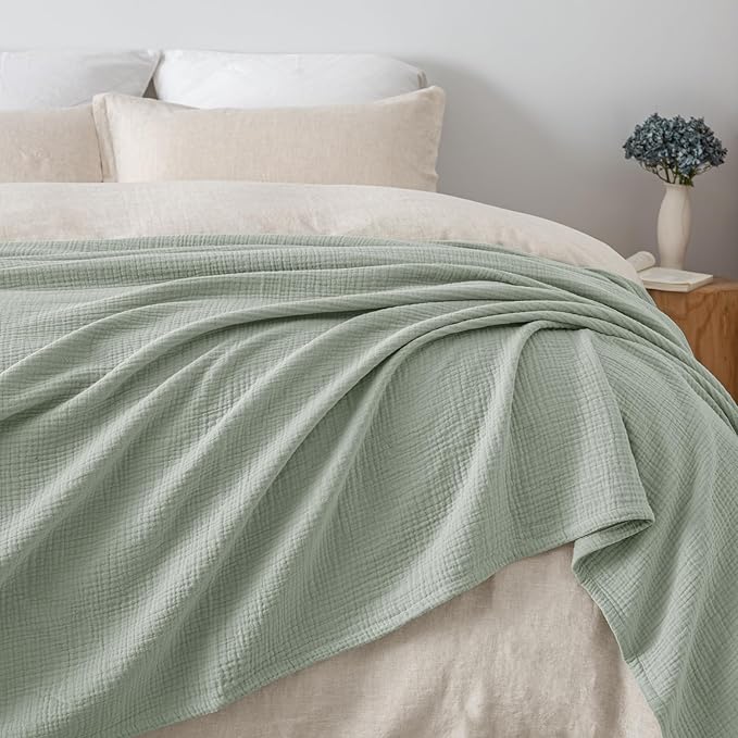 PHF 100% Cotton Muslin Blanket Queen Size 90"x90", 4-Layer Lightweight Gauze Throw, Breathable Cloud-Soft Minimalist Blanket for Bed, Couch, Camping, Sage Green, Ideal Gift