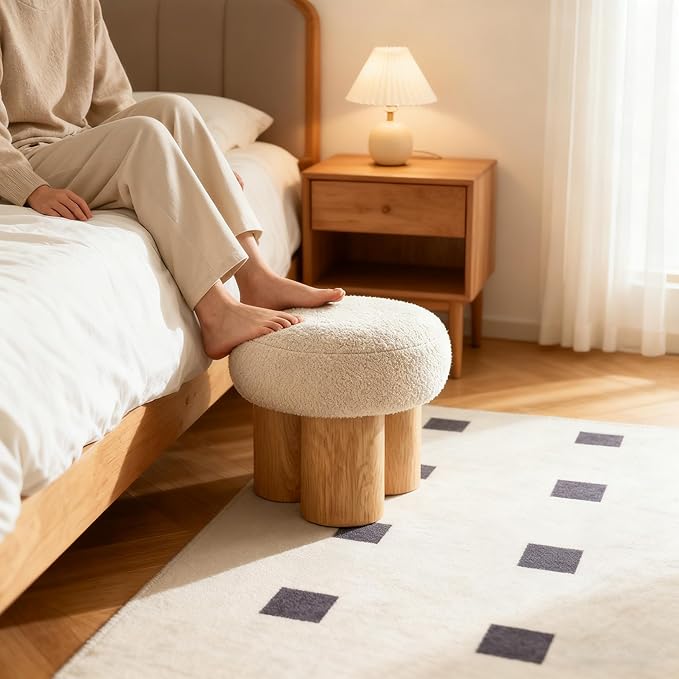 16.54" Mushroom Ottoman Footstool, Boucle Ottoman, Teddy Fabric Foot Rest with Non-Skid Legs Sofa Stool for Living Room,Bedroom or Outdoor.(Greige)