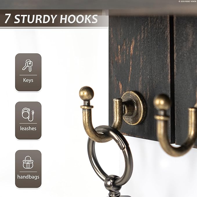Rebee Vision Farmhouse Key Holder Wall Mount for Home Decor- Rustic Wooden Key Holder for Wall with Floating Shelf & 7 Sturdy Hooks - Ideal Mail Holder for Home Storage (Distressed Black)