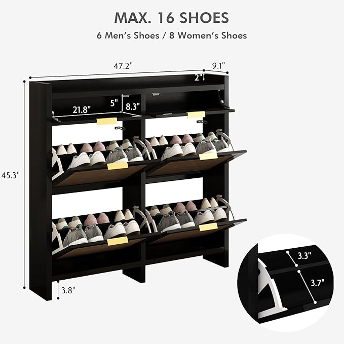 Shoe Organizer Cabinet Storage for Entryway - Slim Rattan Shoe Rack for Front Door Entrance, Narrow Hidden Shoe Cabinet with Flip Drawers, Boho Shoe Holder Cabinet, Black