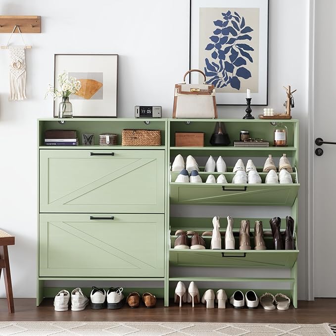 RWYHG Shoe Cabinet Storage for Entryway with 2 Flip Drawers Open Storage Layer Rack Narrow Organizer Slim Hidden Wood Shoe Cabinet Furniture Green