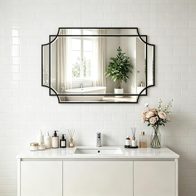 Geometric Beveled Mirror, 30" x 20" Art Deco Mirror with Wood Frame, Ornate Rectangle Accent Wall Mirror for Bathroom, Entryway, Hallway, Living Room, Bedroom, Horizontal or Vertical Hanging