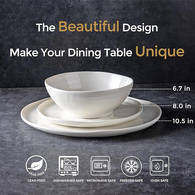 LERATIO Ceramic Dinnerware Sets for 4,Porcelain Plates and Bowls Sets with Wavy Edge,Microwave & Dishwasher & Oven Safe,Light Weight & Scratch Resistant Dishes Sets