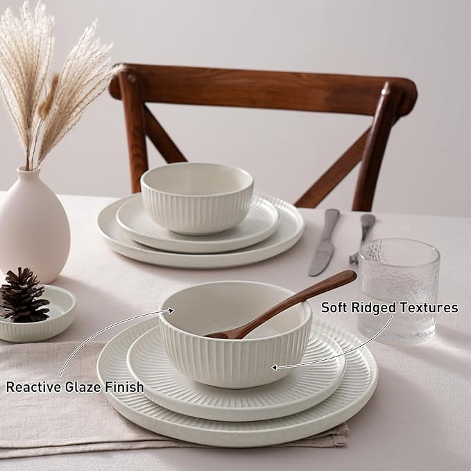 Famiware Starlight 24-Piece Plates and Bowls Sets for 8, Stoneware Dinnerware with Ribbed Textured, Handcrafted Reactive Glaze Dishes - Dishwasher & Microwave Safe, Chip/Scratch Resistant, Matte White