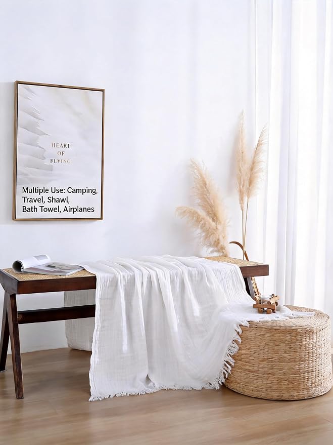 100% Cotton Muslin Throw Blanket for Bed, Couch, Small, Decorative, Soft, Pre-Washed, Breathable and Lightweight Gauze Blanket with Tassels(Off-White, 50"x60")