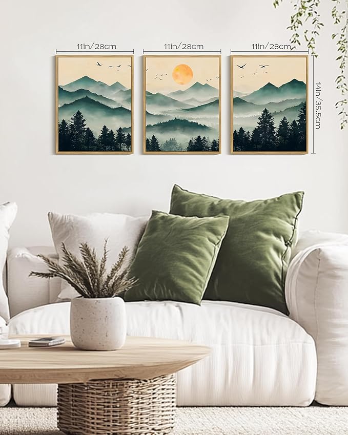 PHOPAGO Mountain Landscape Fog Pine Tree Framed Wall Art Watercolor Nature Misty Forest Artwork Paints Sun Rise Farmhouse Rustic Decor for Kitchen Hallway - 11x14in Natural Framed