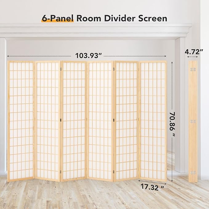 JOSTYLE 6Ft Room Divider Wall Shoji Screen, 6 Panel Folding Privacy Screen for Room Separation, Japanese Wood Room Divider, Natural, 70.9" H x 104" W