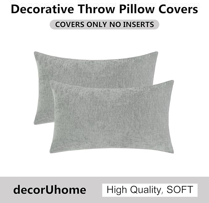 decorUhome Chenille Grey Throw Pillow Covers 12x20 Inch Set of 2, Decorative Soft Couch Pillow Covers Solid Dyed Accent Farmhouse Neutral Rectangle Pillow Cases for Sofa