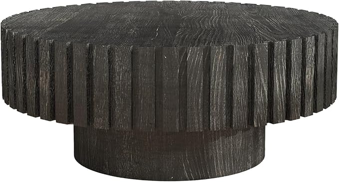 31.5" Circle Coffee Table, Rustic Round Wood Center Table Accent Drum End Tea Table for Living Room Apartment Small Space,with Fluted Relief Side, Black