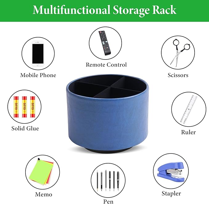 Round Leather Art Supply Organizer,Remote Control Holder,360 Degree Spinning,Multi-Functional Pencil Holder,4 Compartments Desktop Stationary Organizer(1-Oil Blue2)
