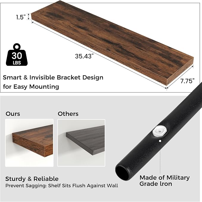 Floating Shelves for Wall 36 inch Long, Engineered Wood Wall Shelves with Invisible Brackets for Living Room Bedroom Bathroom Office Kitchen Decor and Storage, Rustic Brown Finish, Set of 2