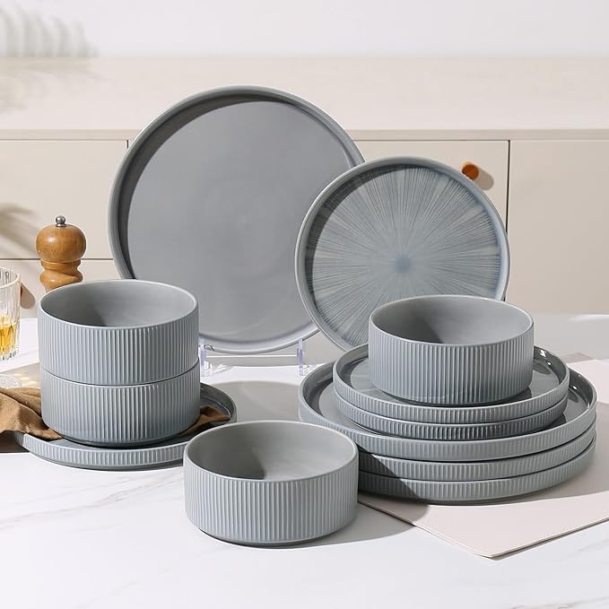 Dinnerware Sets for 4, Ceramic Plates and Bowls Set 12 Piece Dinnerware Chip Resistant Stoneware with Advanced Inkjet Printing Technology, Dishwasher and Microwave Safe-Smoky Blue
