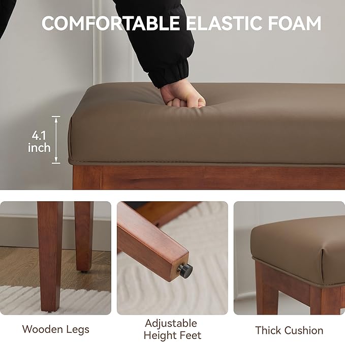 WUTUTUEE 43.5'' Faux Leather Bedroom Bench, Upholstered End of Bed Bench, Padded Vintage Dining Bench, Entryway Bench with Solid Wood Legs, Kitchen, Living Room, Hallway, Brown