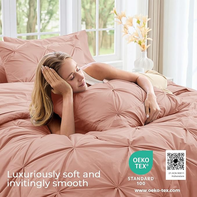 Sasttie King Size Comforter Set, 7-Piece Bed in a Bag, Pintuck Bedding Set for All Season, Includes Comforter, Flat Sheet, Fitted Sheet, Pillowcases and Pillowshams, Blush