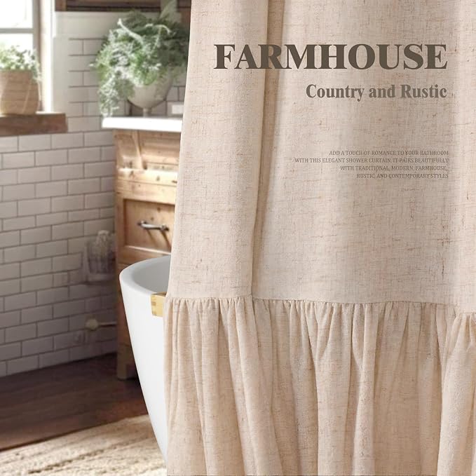 Farmhouse Shower Curtain with Ruffle Hem Linen Beige Shower Curtains for Bathroom Country Vintage Rustic Natural Fabric, 72" W x 75" L