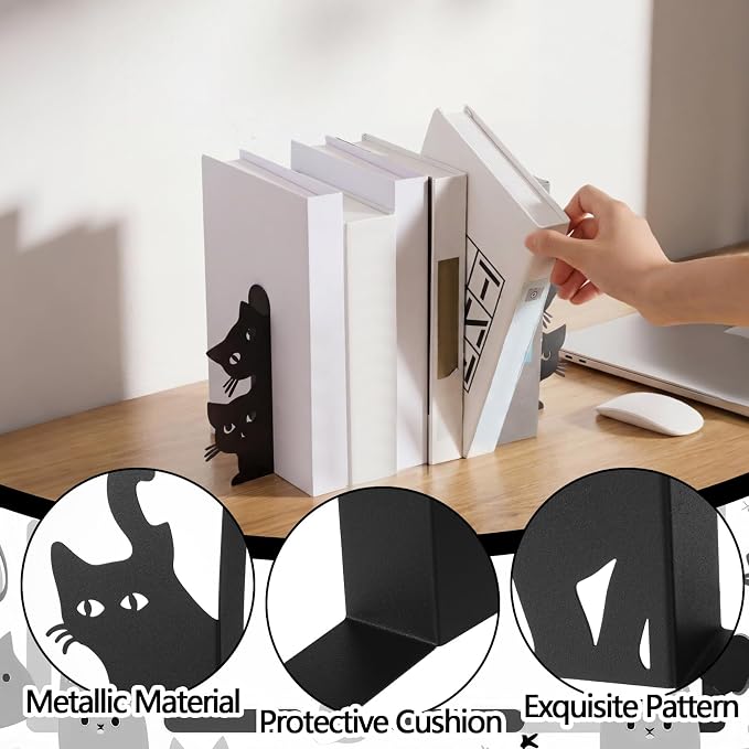 Flutesan 6pcs Black Cat Metal Bookends Cute Cats Bookends for Shelves, Bookshelf Decorative Home Office Desk, Bookstore, Bookshelf Decor Cat and Reading Lovers Gift
