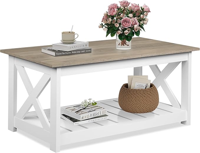 WLIVE Coffee Table, 40.1" Farmhouse Coffee Table with Slatted Storage Shelf & X-Shape Frame, 2-Tier Wood Center Table for Living Room, Balcony,White