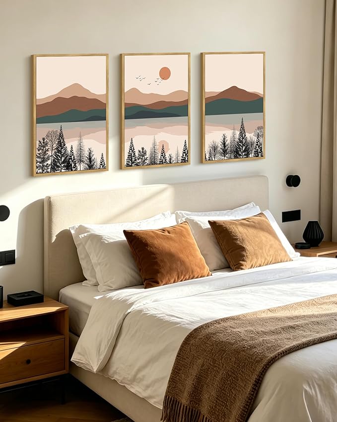 PHOPAGO Mountain Laker Landscape Framed Wall Art Large 16x24in Boho Nature Artwork Paints Bohemain Farmhouse Rustic Living Room Bedroom Decor - Natural Framed