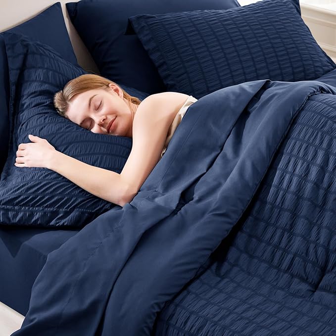 CozyLux Twin XL Comforter Set with Sheets Seersucker Navy Blue 5 Pieces Bed in a Bag, Twin Extra Long Luxury Soft Bedding Sets College Dorm with Down Alternative Comforter, Sheets, Pillowcase & Sham