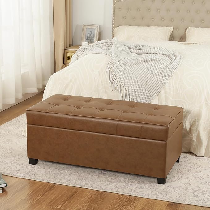 Homebeez 40" Faux Leather Storage Ottoman Bench, End of Bed Bench, Upholstered Bench with Storage for Living Room,Bedroom,Entryway (40" Caramel Brown)
