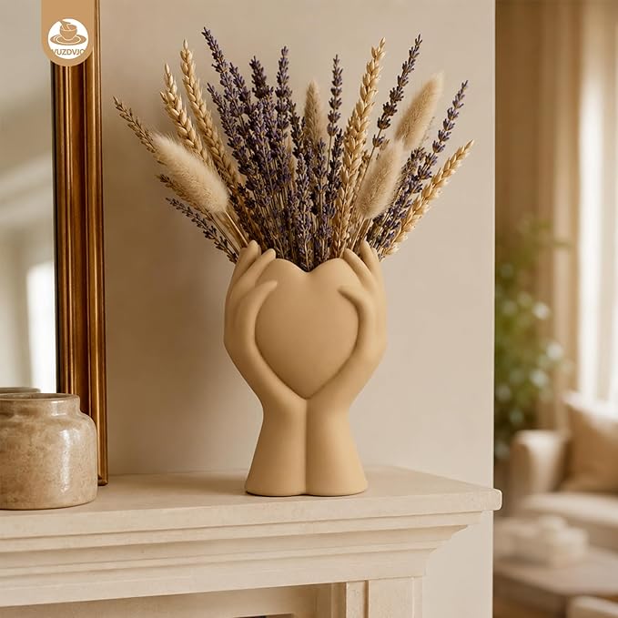 8 Inch Heart Hand Brown Ceramic Vase - Unique Modern Aesthetic Flowers Vase for Living Room Bedroom Office Kitchen Table Centerpiece or Shelf Decor - Gifts for Wedding Bridal Shower Women Mom (Brown)