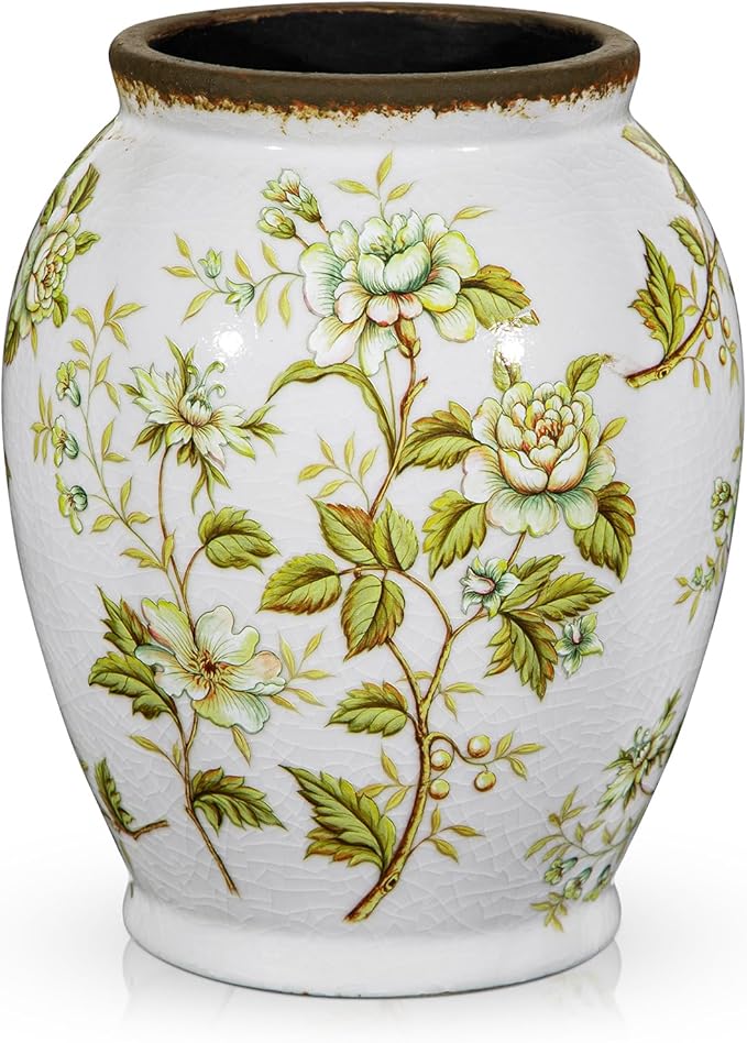 Vintage Green and White Ceramic Vases Large Retro Floral Pottery Chinoiserie Flowers Porcelain Vase with Crackle Glaze for Home Mantle Shelf Living Room Kitchen Table Centerpieces Decor, 6.7 Inch