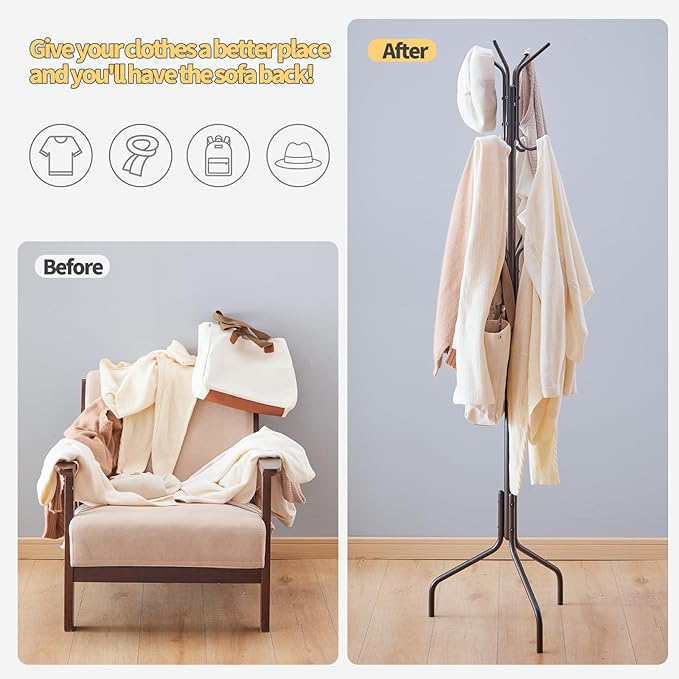 Coat Rack Freestanding,hat and coat rack stand for entryway,Living Room,Bedroom,Metal coat tree with12 Hooks and 3 Legs (Brown)
