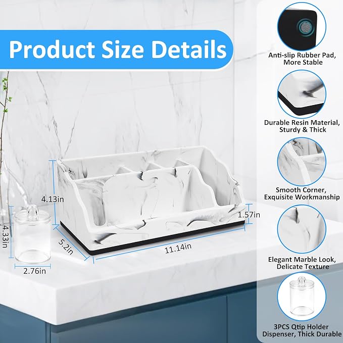 Bathroom Organizer Countertop, White Marble Toothbrush Holders for Bathrooms with 3PCS Qtip Holder Dispenser, Toothbrush and Toothpaste Holder for Bathroom Counter Organization Storage Vanity